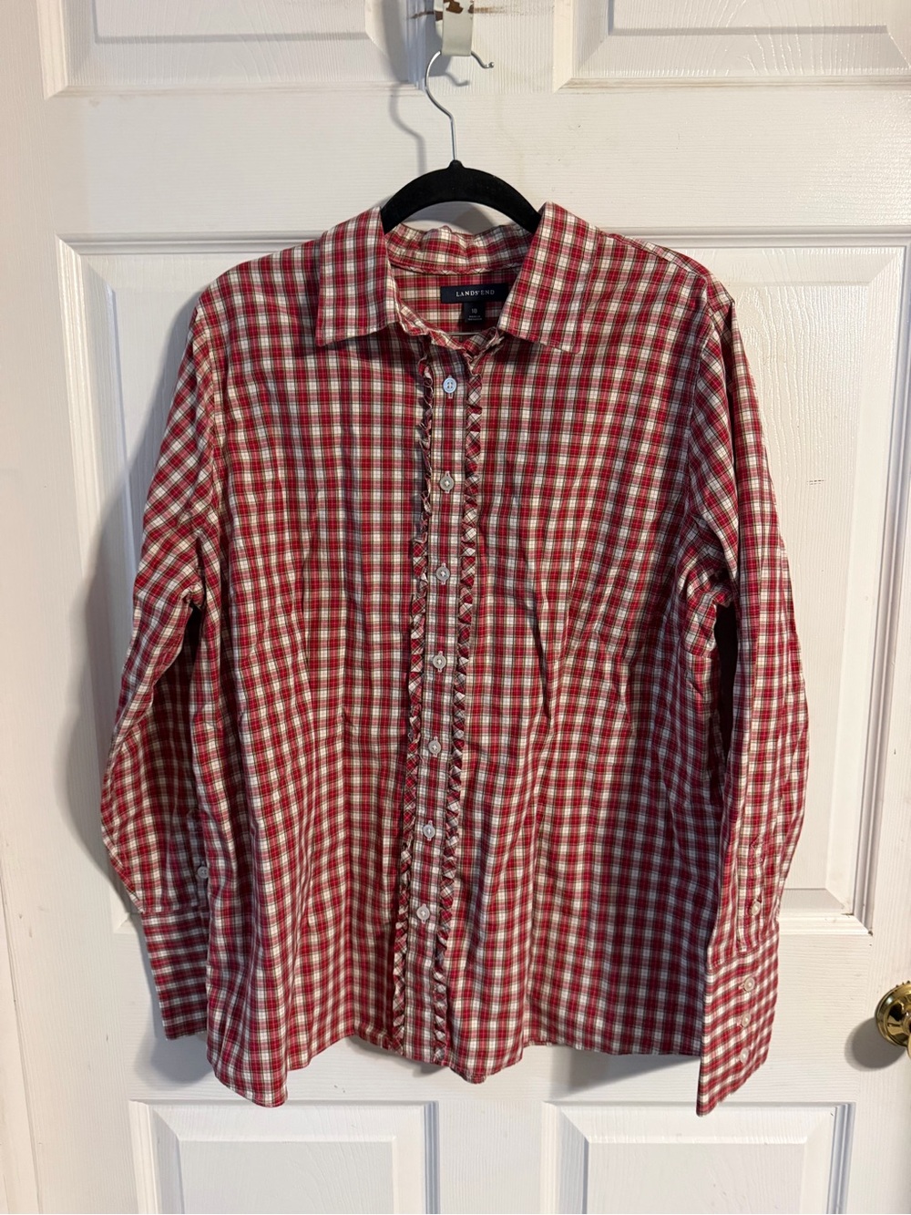 Lands' End Red and White Plaid Button-Down Shirt